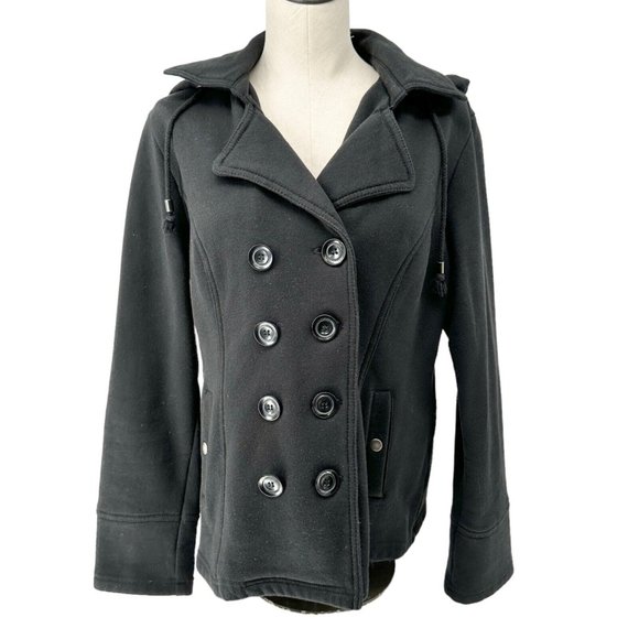 Sebby Hooded Peacoat Women's XL Black Long Sleeve Collar Button Closure Pockets - Picture 1 of 11